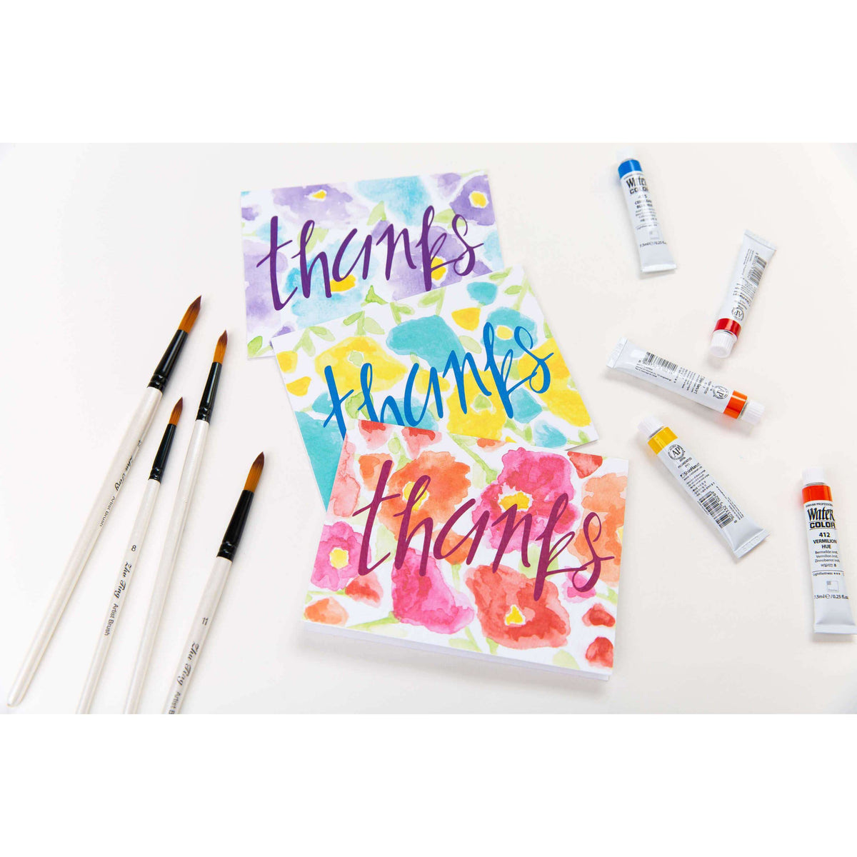 Thank You Cards with Watercolor Flowers (Set of 3) - Allie &amp; Elle